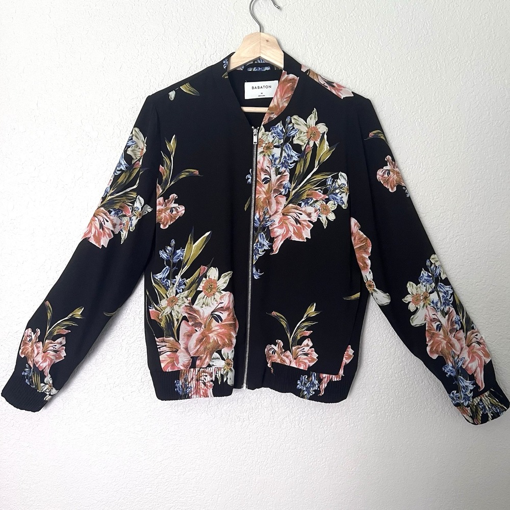 Women's Babaton by Aritzia Gilroy Floral Black Bomber Jacket Size M